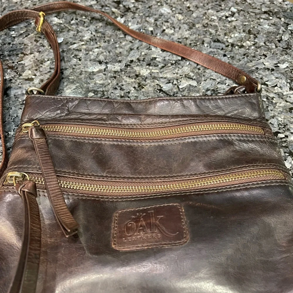 Oak Leathers Dark Brown Leather Crossbody Bag with Double Zip Front